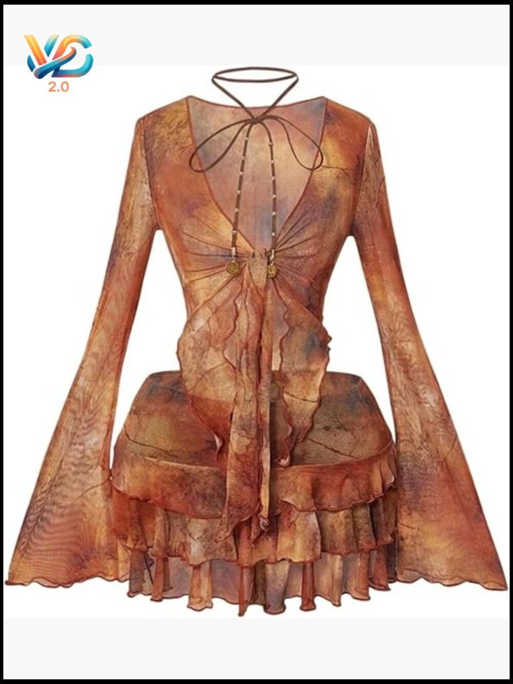 Tie Front Crop Top and Layered Ruffle Mini Skirt Y2k Boho Set 2 Piece Outfit